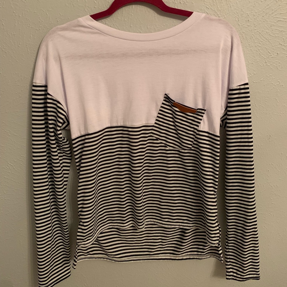 white and black striped shirt with pocket